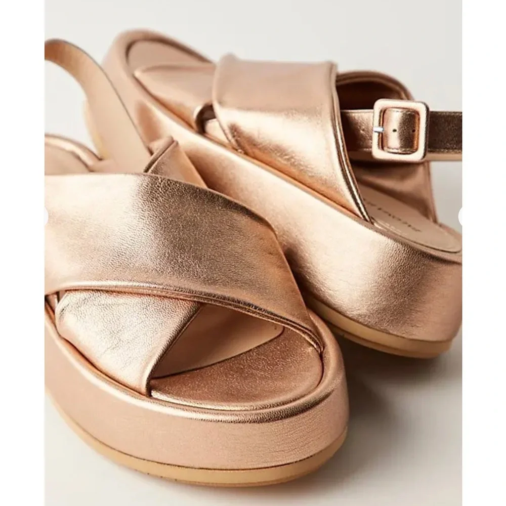 Paloma Barcelo Free People Sima Slingback Sandal Gold Leather Flatform Size 7.5 - Picture 2 of 13